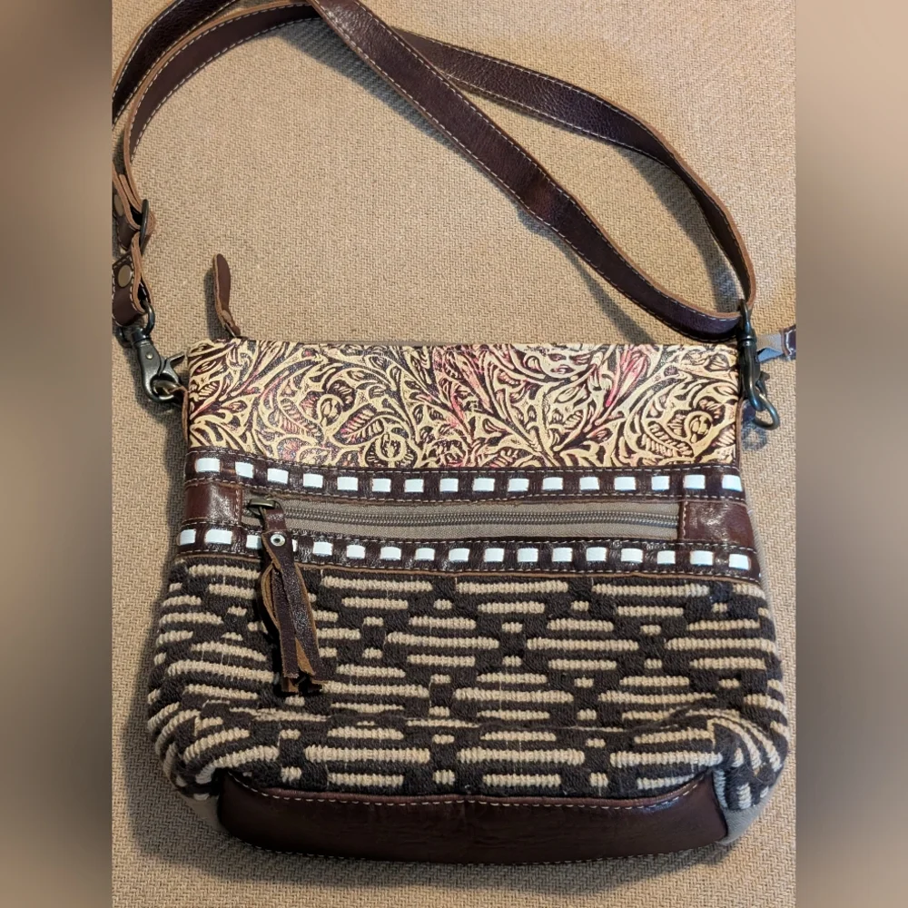 Myra Bag Boho Cotton Carve Leather Crossbody Purse Bag